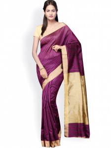 Pavechas Magenta Striped Banarasi Poly Silk and Cotton Traditional Saree